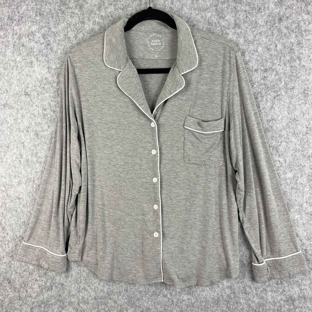 Cozy Earth Pajama Top Womens Large Gray Bamboo Stretch Knit Long Sleeve Soft